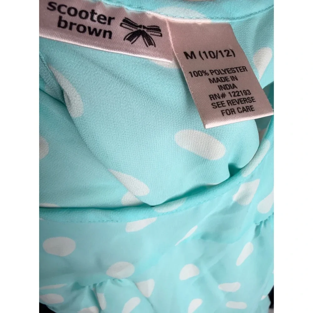 Scooter Brown Girls Blue White Polka Dot Flutter Sleeve Dress Size 10/12